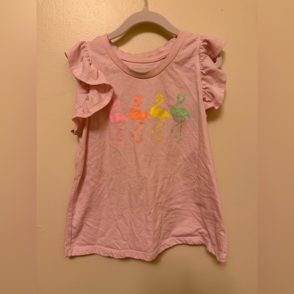 Pink Ruffle Sleeve Kids Tank Top with Flamingos